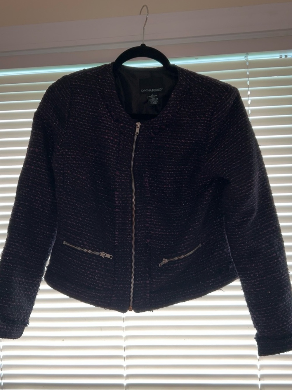 Cynthia Rowley Black & Deep Purple Textured Zip Jacket